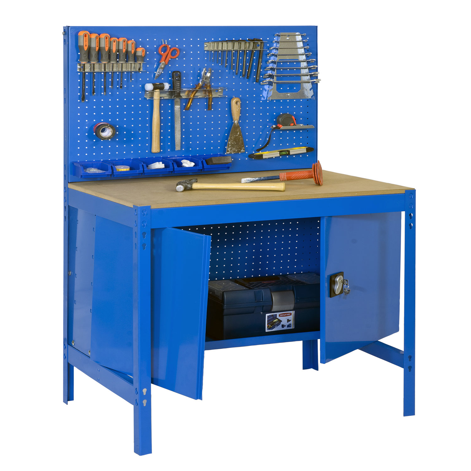Banco trabajo + panel + armario (azul)