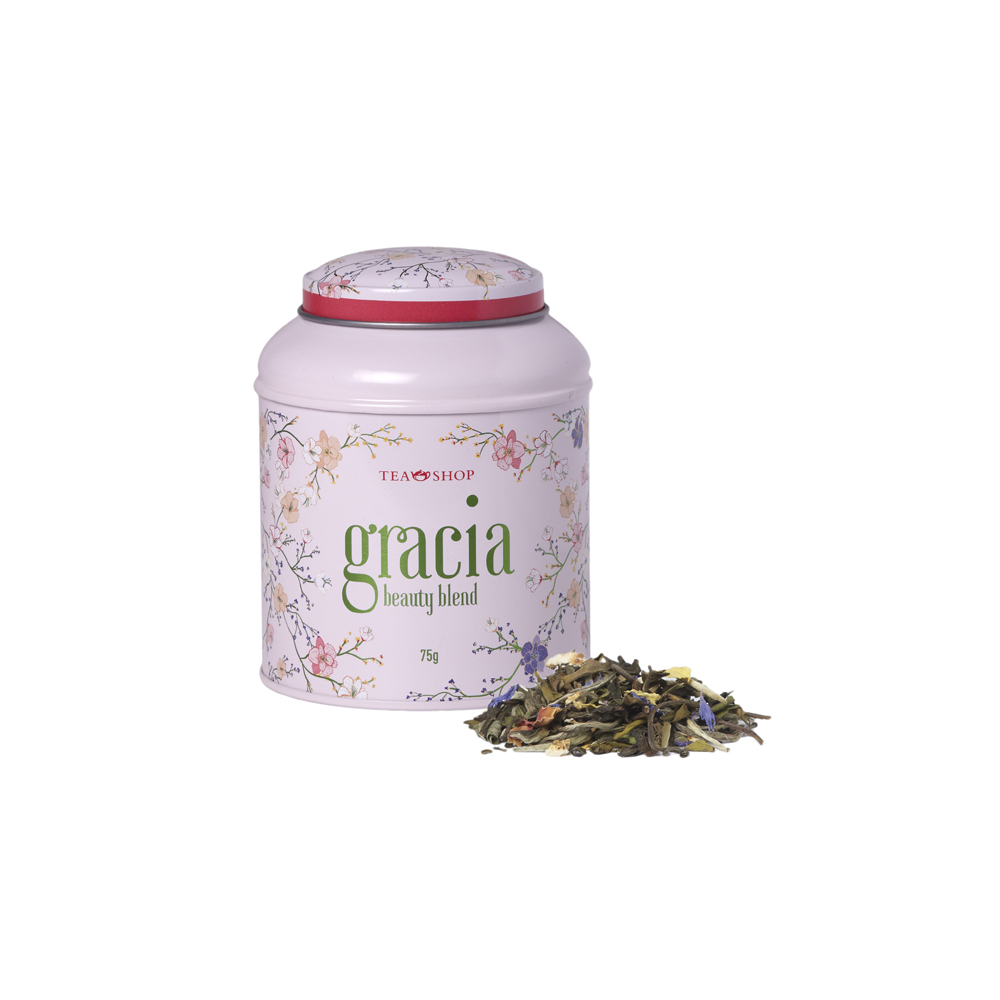 Lata Gracia Beauty Blend 75g. Ideal para conservar nuestros tés evitando los rayos solares y la humedad. ¡Descubre la gran selección en nuestra Tea Shop! ¡Compra ya! - Ítem