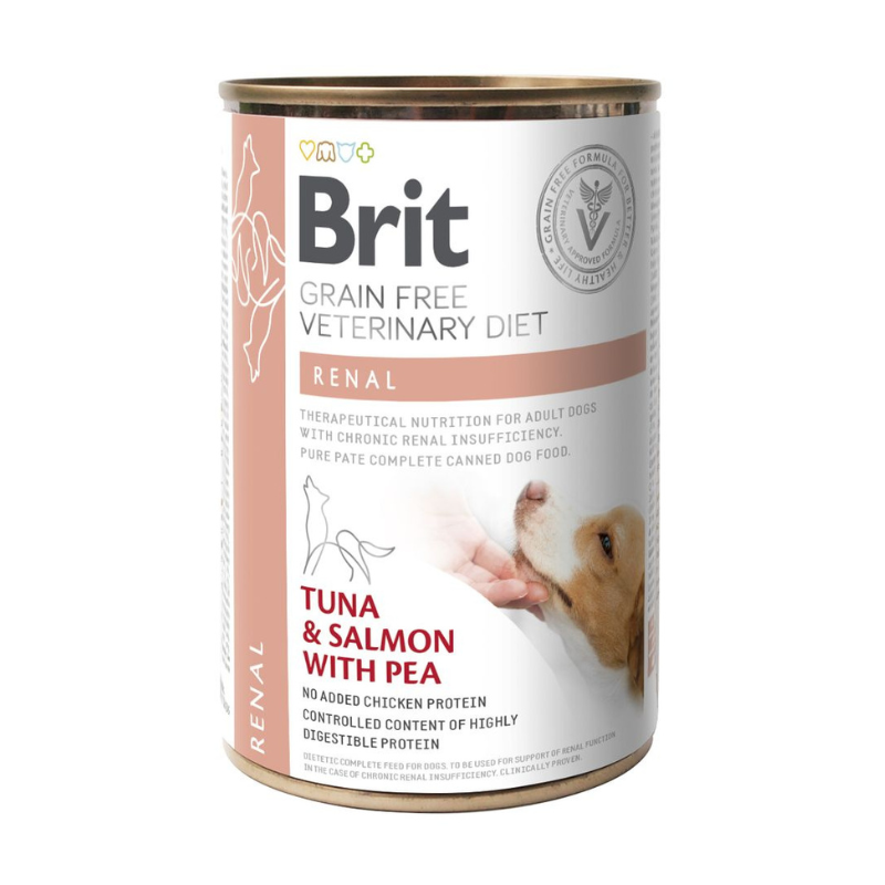 Latas de comida para perros con problemas renales, marca Brit