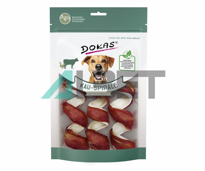 Snacks en Espirals de Masticació d'ànec per gossos, marca Dokas