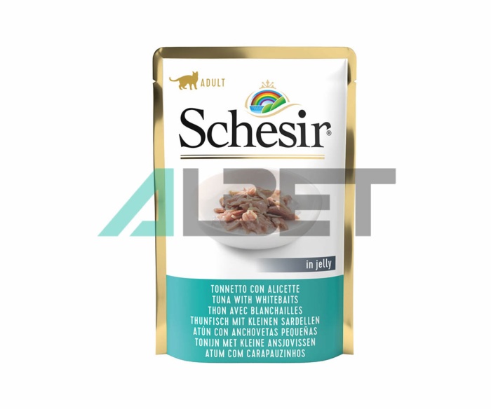 Alimento en sobres con sabor a atún y anchovetas para gatos, marca Schesir