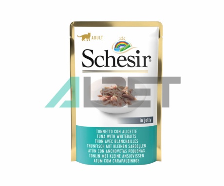 Alimento en sobres con sabor a atún y anchovetas para gatos, marca Schesir