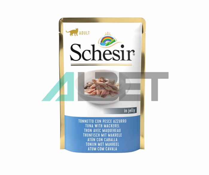 Aliment en sobres amb sabor tonyina i verat per gats, marca Schesir