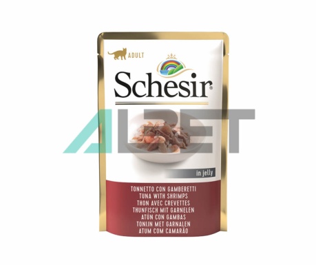 Alimento en sobres con sabor atún y gambas para gatos, marca Schesir