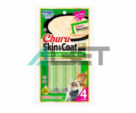 Skin Coat Receta Pollo y Vieira, snack natural per gats, marca Churu