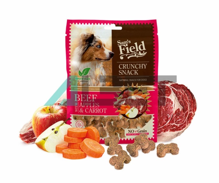 Snack natural para perros, sabor ternera, manzana y zanahoria, marca Sam's Field