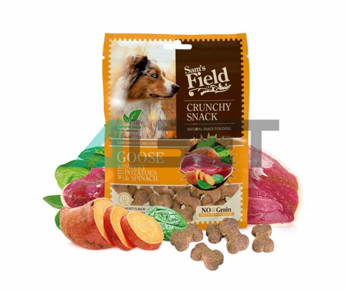 Snack natural para perros, sabor ganso y batata, marca Sam's Field