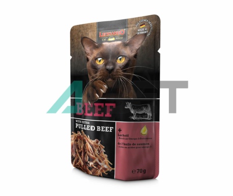Alimento jugoso con carne desmenuzada para gatos, marca Leonardo