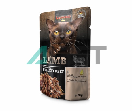 Alimento jugoso con carne de cordero para gatos, marca Leonardo