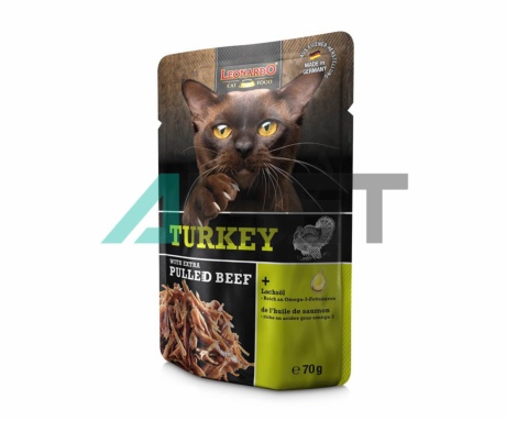 Alimento húmedo de pavo y ternera para gatos, marca Leonardo