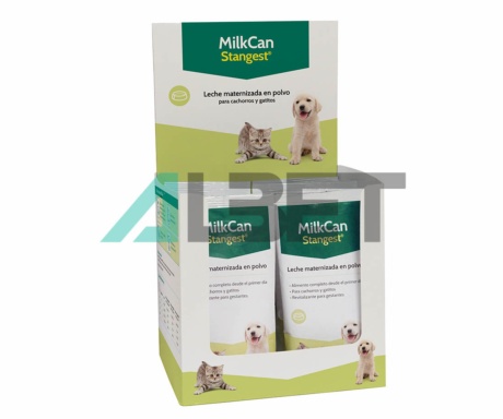 Milkan Expositor, leche en polvo para cachorros y gatitos, marca Stangest