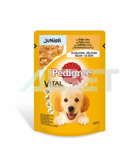 Pedigree Vital Junior en Gelatina, snacks per gossos joves en forma de mossets amb gelatina de pollastre. Sobres de 100 grams