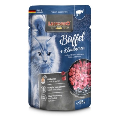 Sobres de alimento húmedo para gatos sabor Búfalo, marca Leonardo