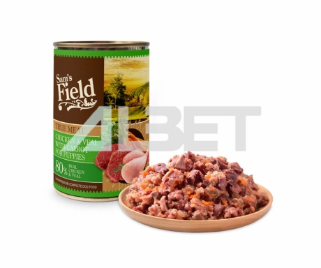 Sam´s Field PUPPY True Chicken & Calf Meat, alimento húmedo natural en latas para cachorros. Sin granos de cereales.