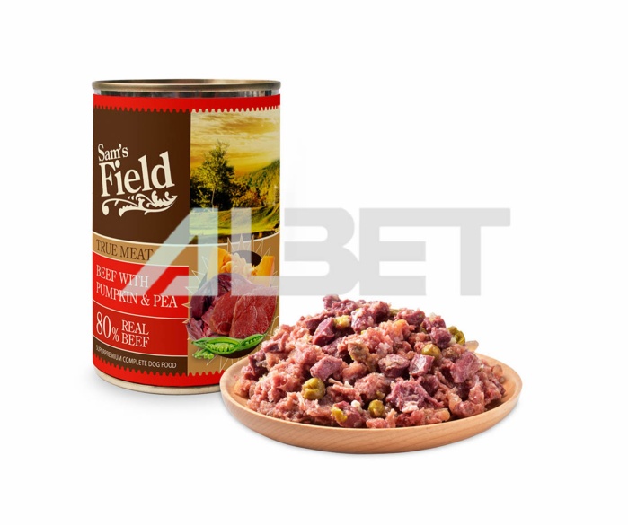 Sam´s Field True Meat Beef & Pumpkin & Pea, alimento húmedo natural en latas para perros. Sin granos de cereales.