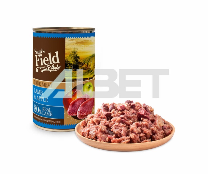 Sam´s Field True Lamb Meat & Apple, alimento húmedo natural en latas para perros. Sin granos de cereales.