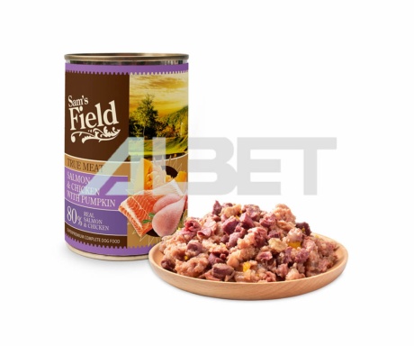 Sam´s Field True Salmon & Chicken & Pumpkin, aliment humit natural en llaunes per gossos. Sense grans de cereals.