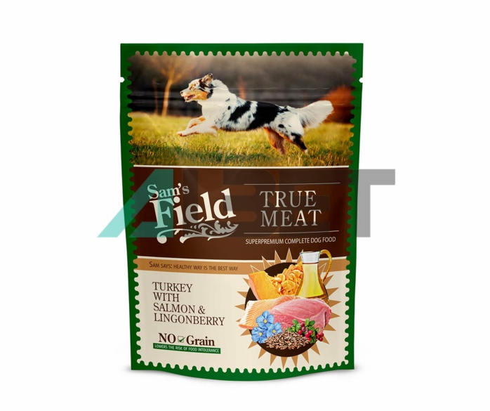 Alimento húmedo natural en sobres para perros, marca Sam's Field