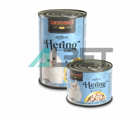 Arenque Extra Filete, alimento húmedo en latas para gatos, marca Leonardo