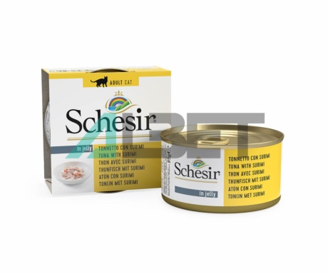 Latas de comida natural para gatos sabor atún y surimi, marca Schesir