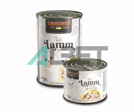 Cordero Extra Filete, alimento húmedo en latas para gatos, marca Leonardo