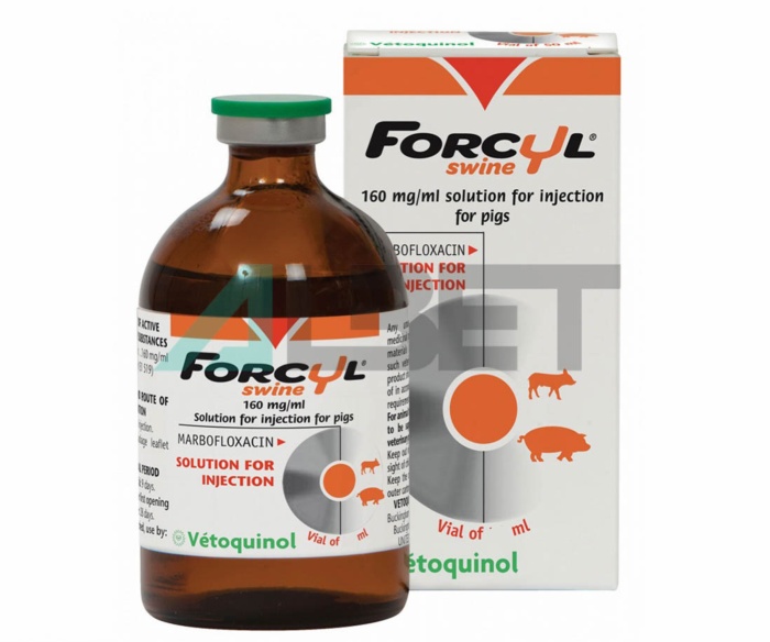 Marbofloxacino antibiótico inyectable para cerdos, marca Vetoquinol