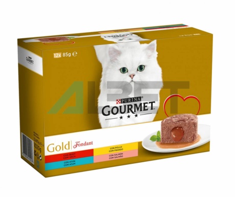 Mousse fondant para gatos, latas de distintos sabores, marca Gourmet Gold Purina