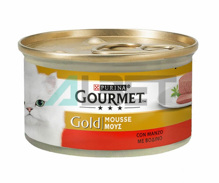 Lata mousse de buey para gatos, marca Gourmet Gold Purina