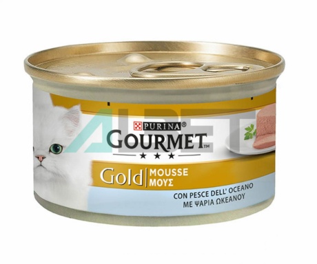 Latas mousse de pescado para gatos, marca Gourmet Gold Purina