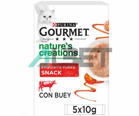 Gourmet Nature's Creations Puré, snack liquid de Bou i Tomàquet per gats, Purina
