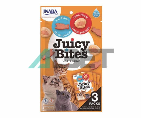 Juicy Bites Pescado y Almejas, snacks para gatos, marca Churu