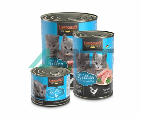 Latas de alimento húmedo para gatitos, marca Leonardo