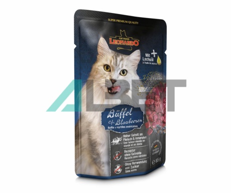 Sobres de alimento húmedo para gatos sabor Búfalo, marca Leonardo