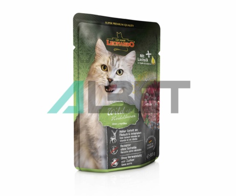 Sobres de alimento húmedo para gatos sabor venado, marca Leonardo