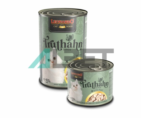 Pavo Extra Filete, alimento húmedo en latas para gatos, marca Leonardo