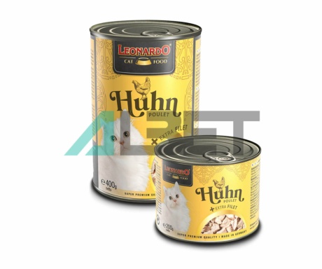 Pollo Extra Filete, alimento húmedo en latas para gatos, marca Leonardo