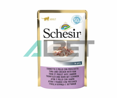 Aliment en sobres amb sabor tonyina, pollastre i pernil per gats, marca Schesir