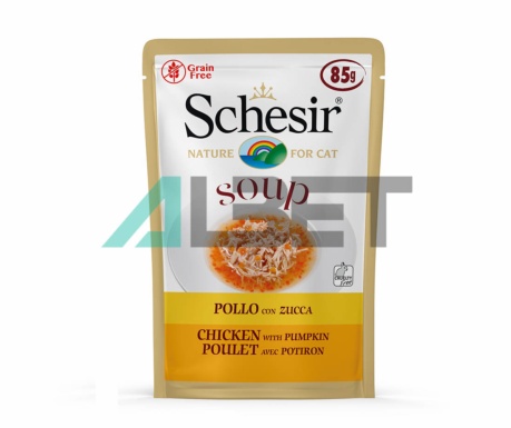Alimento en sobres con sabor pollo y calabaza para gatos, marca Schesir
