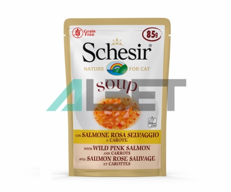 Alimento en sobres con sabor a salmón y zanahoria para gatos, marca Schesir