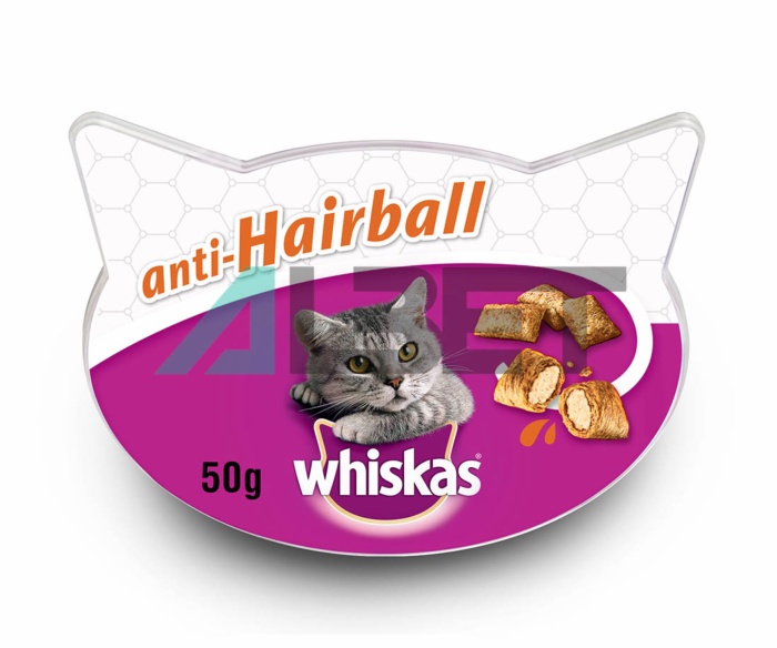 Snacks per controlar les boles de pèl en gats, marca Whiskas