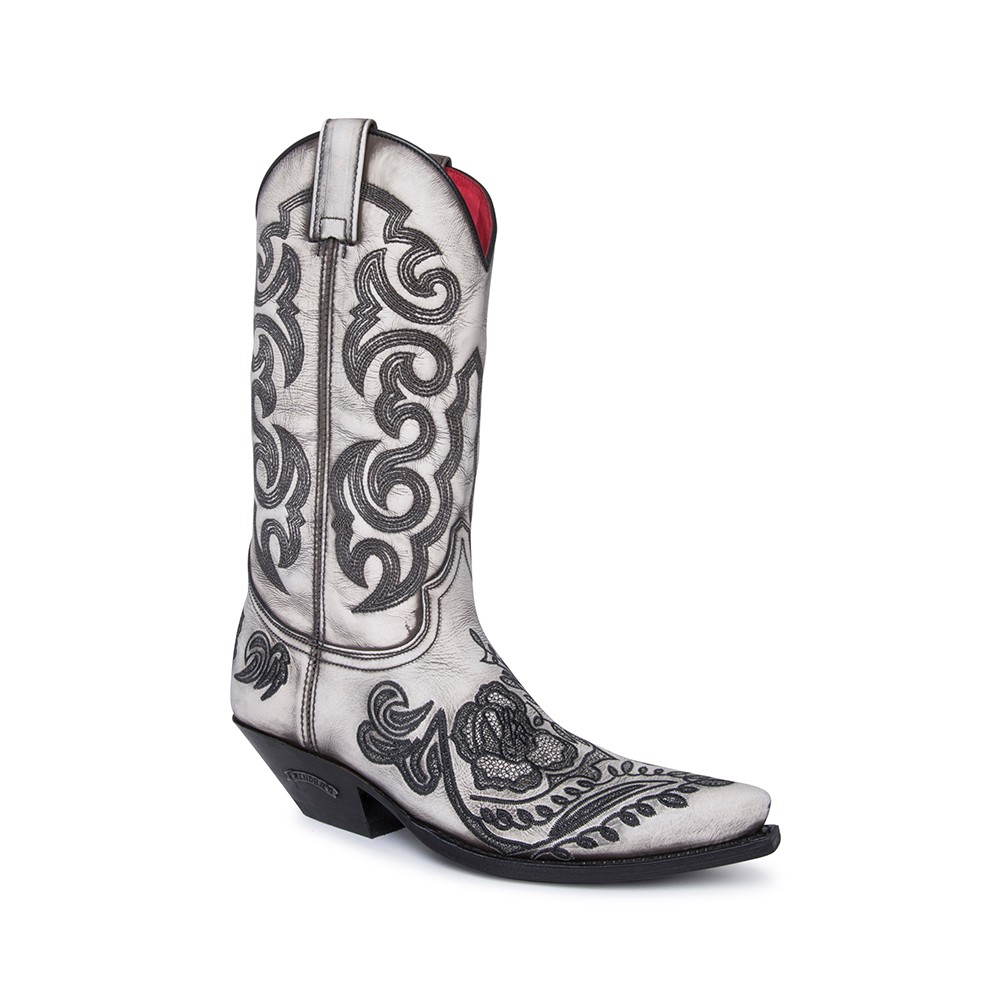 Botas Sendra 16206 Cuervo Western para mujer en blanco marfil y bordados  florales