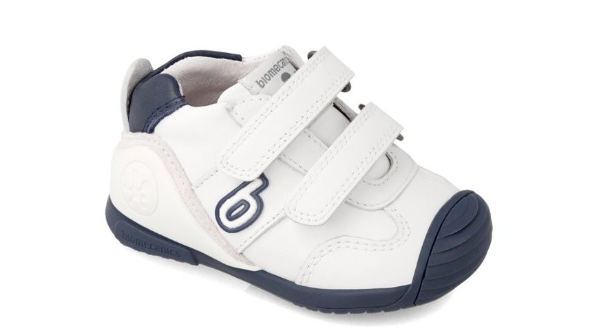 Zapatillas Biomecanics blanco y azul deportivos escolares Biomecanics de piel y velcro para gateo y primeros pasos