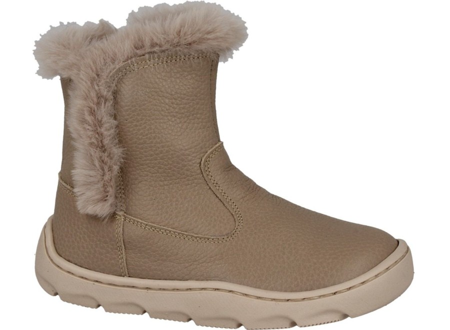 BotInes niña Andanines barefoot de piel Narok con adorno de pelo en el borde color taupe con cierre de cremallera lateral botines de calzado respetuoso de Andanines made in Spain muy comodos y calentitos bota respetuosa by Andanines
