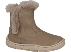 BotInes niña Andanines barefoot de piel Narok con adorno de pelo en el borde color taupe con cierre de cremallera lateral botines de calzado respetuoso de Andanines made in Spain muy comodos y calentitos bota respetuosa by Andanines