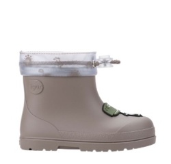 Botas de agua niño respetuosas Igor modelo Mendi dino color marron taupe con dinosaurio verde caña baja con cuello ajustable katiuskas muy comodas y flexibles calzado respetuoso fabricado en España
