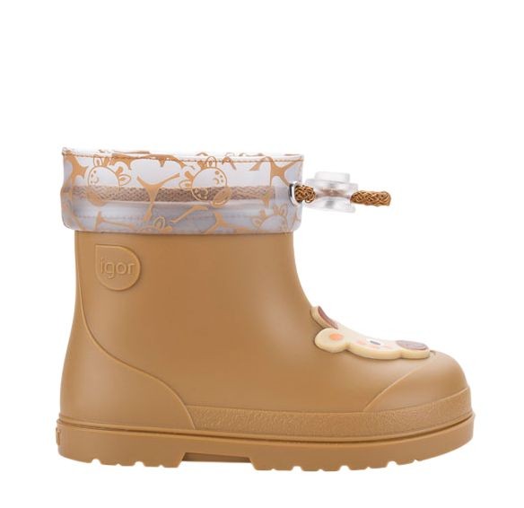 Botas de agua niño y niña respetuosas de la marca Igor modelo Mendi con jirafa color mostaza de caña baja con cuello ajustable para que no entre agua katiuskas muy comodas y flexibles calzado respetuoso barefoot fabricado en España by Igor
