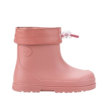 Botas de agua respetuosas Igor modelo Mendi color rose rosa caña baja con cuello ajustable katiuskas muy comodas y flexibles calzado respetuoso barefoot fabricado en España