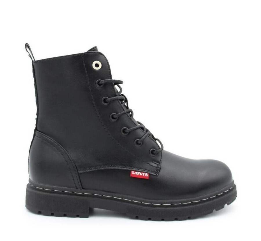 Botas niña Levis modelo Catherine color negro con tira trasera con marca en color beige con cierre de cordones y cremallera lateral para una facil colocacion ligeras y comodas botines Levis para junior y mamis muy trending