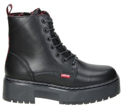 Botas niña Levis modelo Cherry color negro con tira trasera con marca Levis en balanco y rojo botas Levis kids con plataforma de 3cm delante y 4cm en el tacon con cierre de cremallera lateral y cordones muy trending