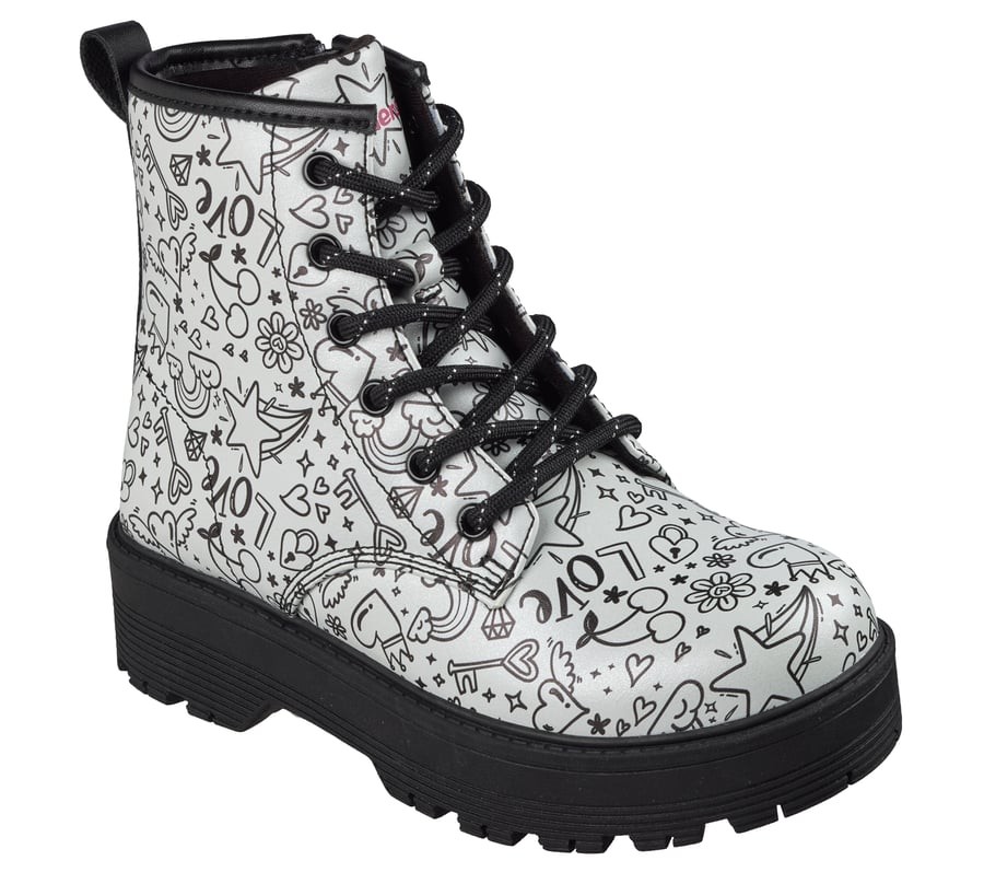 Botas niña Skechers modelo Gravlen hi Doodle Down color plata y negro con estampado Love Designed in Los Angeles botas Skechers para juniors y mamis con plataforma de 3cm delante y 4cm en el tacon cierre de cremallera lateral y cordones muy trending